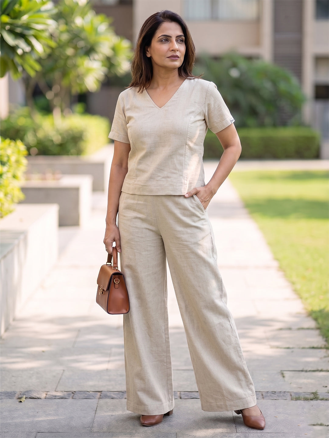 VORA LABEL Women Linen Solid Relaxed Fit Co-ord Set - Cream