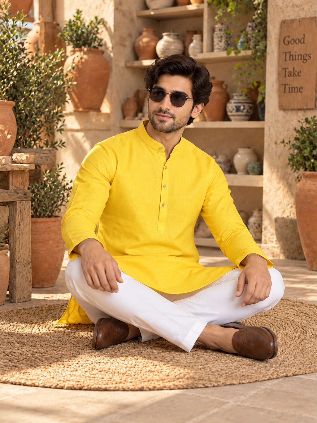 VORA LABEL Men’s Cotton Blend Solid Yellow Kurta | Mandarin Collar Full Sleeve Kurta | Ethnic & Festive Wear