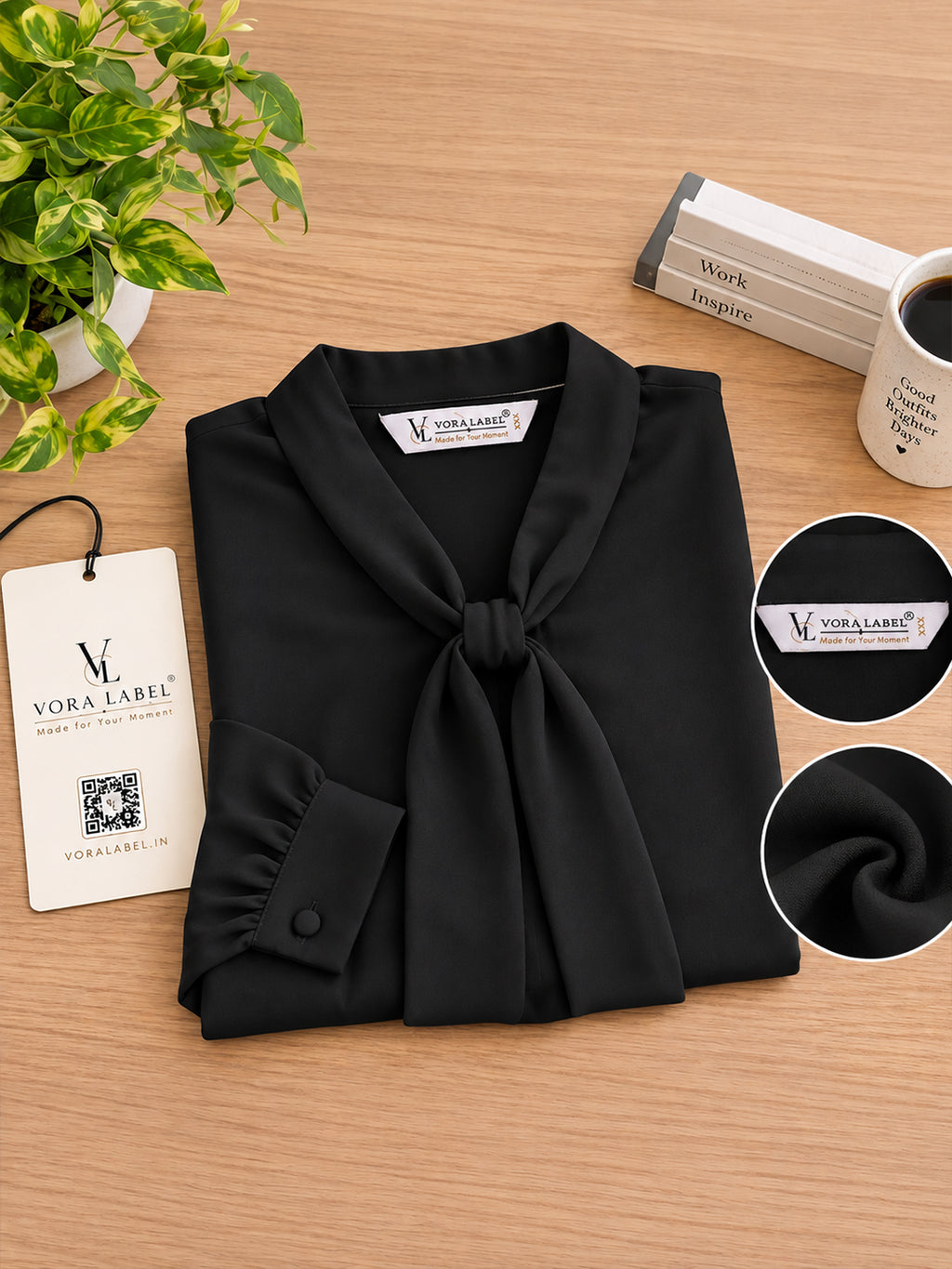 VORA LABEL Women’s Black Crepe Bow-Tie Neck Blouse