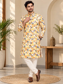VORA LABEL Men's Premium Pure Cotton Multicolor Printed Kurta | Traditional Ethnic Wear for Men