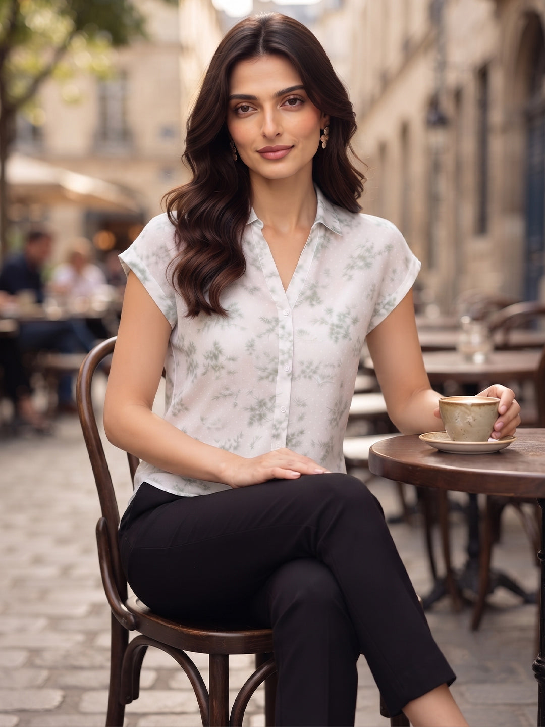 VORA LABEL Women Viscose Rayon Floral Printed Regular Fit Short Sleeve Shirt - White Main image