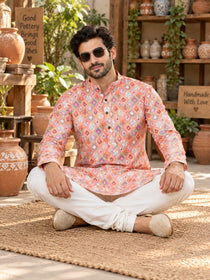 VORA LABEL Men's Multicolor Printed Pure Cotton Kurta | Full Sleeve Mandarin Collar Traditional Ethnic Wear