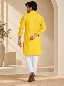VORA LABEL Men’s Cotton Blend Solid Yellow Kurta | Mandarin Collar Full Sleeve Kurta | Ethnic & Festive Wear