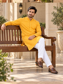Men's Solid Cotton Blend Kurta | Full Sleeve Mandarin Collar Traditional Kurta | VORA LABEL