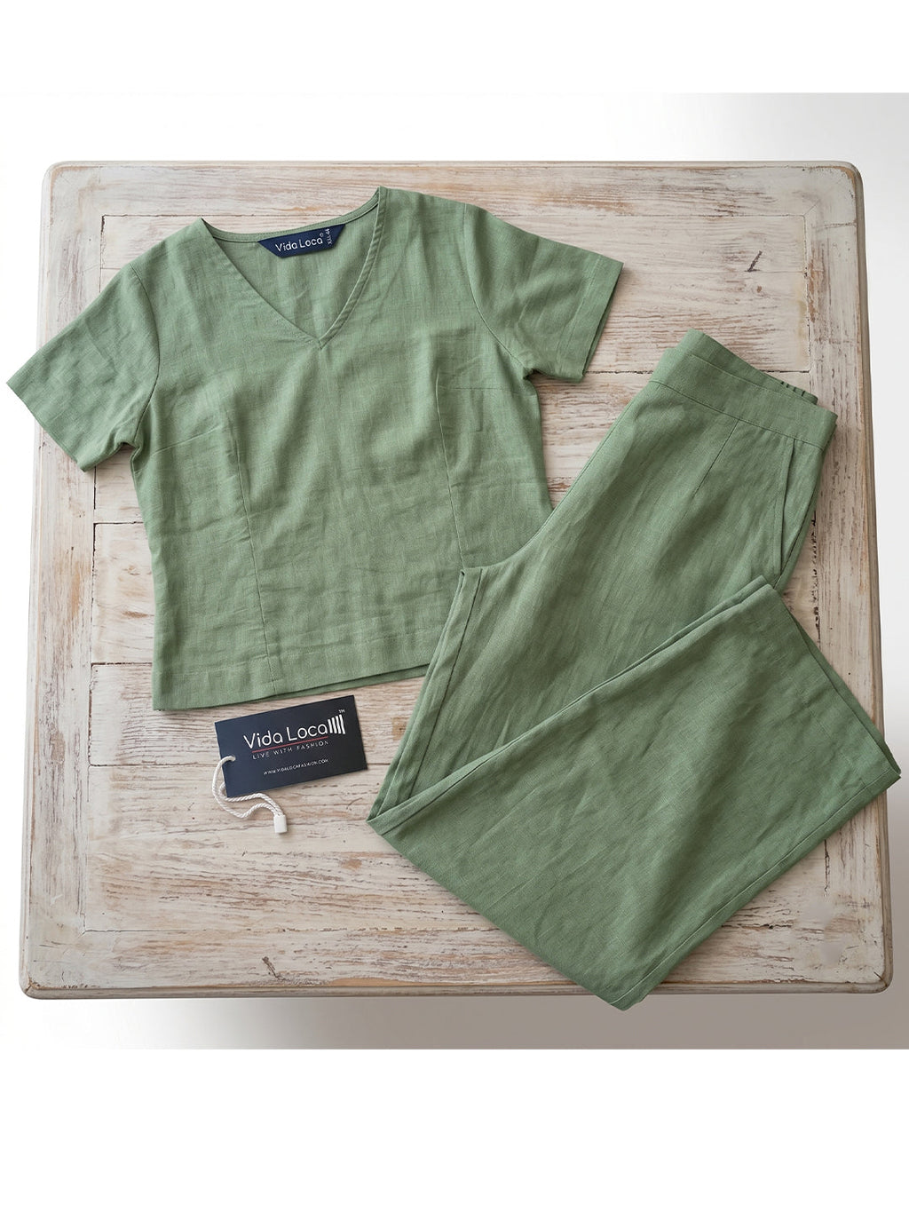 VORA LABEL Women Linen Solid Relaxed Fit Co-ord Set - Light Green