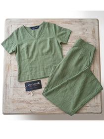 VORA LABEL Women Linen Solid Relaxed Fit Co-ord Set - Light Green