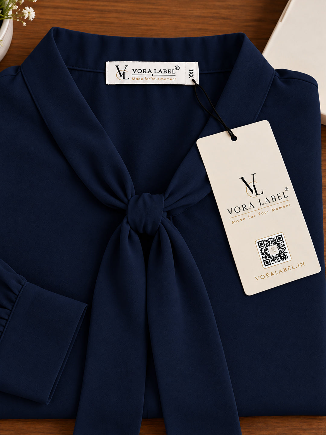 VORA LABEL Women’s Navy Blue Crepe Bow-Tie Neck Blouse