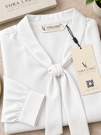 VORA LABEL Women's Elegant White Crepe Tie-Neck Blouse with Full Sleeves | Stylish Formal & Office Wear Top