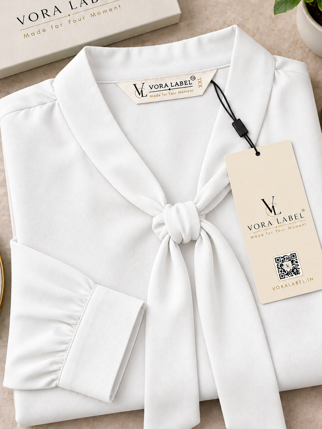 VORA LABEL Women's Elegant White Crepe Tie-Neck Blouse with Full Sleeves | Stylish Formal & Office Wear Top
