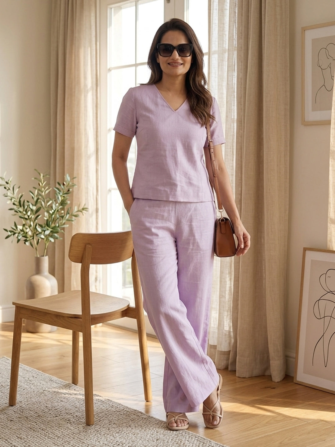 VORA LABEL Women Linen Solid Relaxed Fit Wide-Leg Co-ord Set - Purple Secondary image