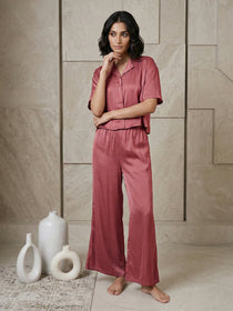 VORA LABEL Women Linen Solid Relaxed Fit Night Suit Set - Maroon
