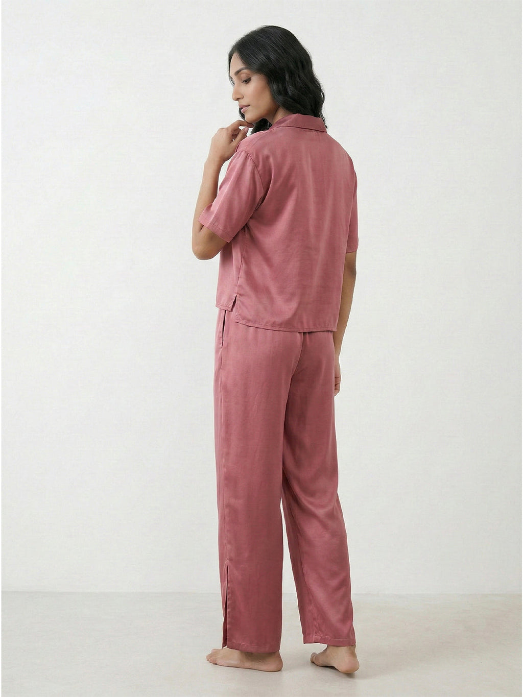 VORA LABEL Women Linen Solid Relaxed Fit Night Suit Set - Maroon