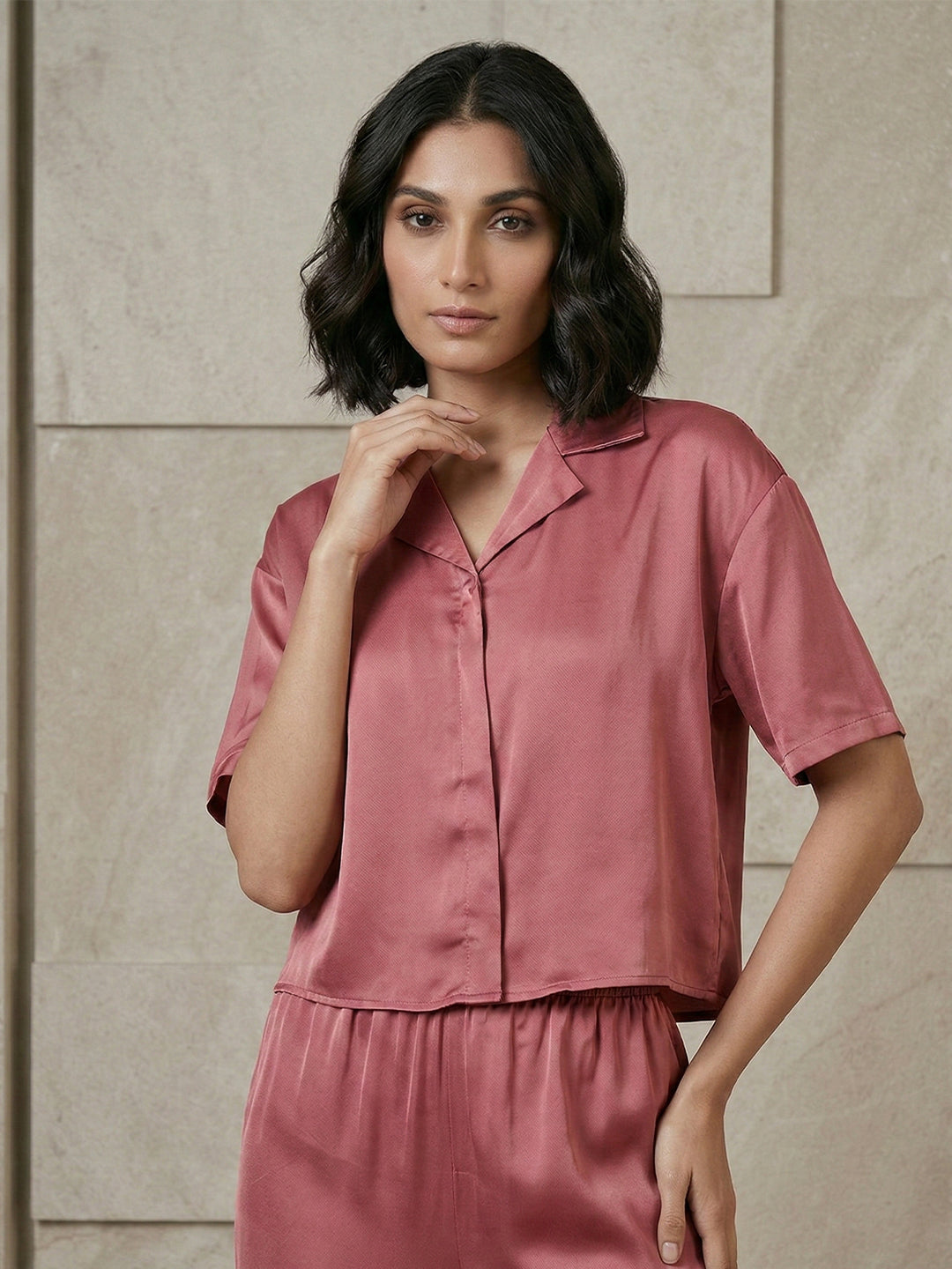 VORA LABEL Women Linen Solid Relaxed Fit Night Suit Set - Maroon