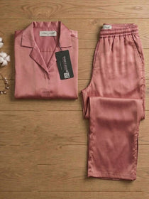 VORA LABEL Women Linen Solid Relaxed Fit Night Suit Set - Maroon