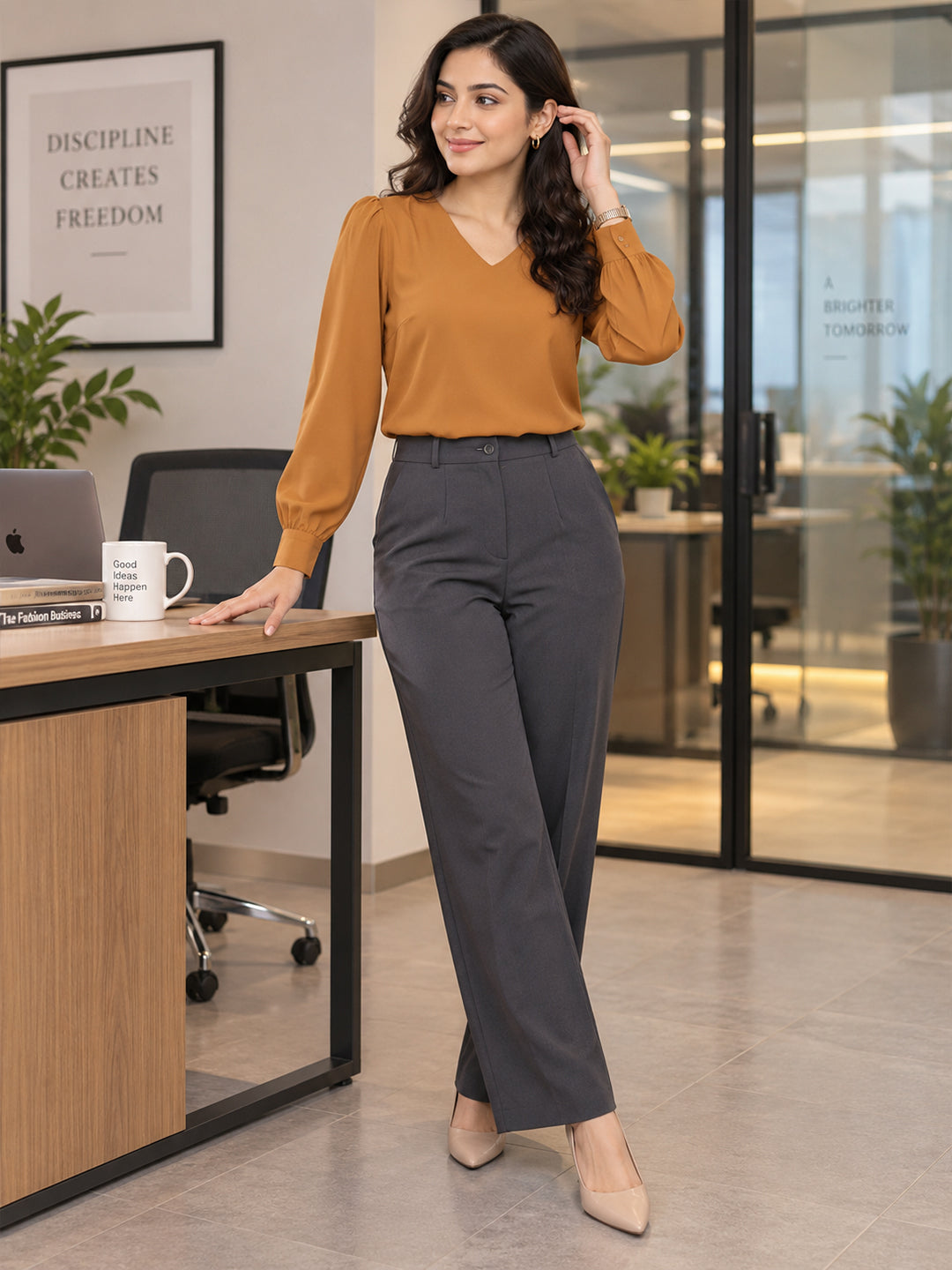 VORA LABEL Women's Premium Mustard Gold Crepe V-Neck Top with Full Sleeves | Elegant Formal & Casual Wear Blouse Main image