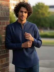 VORA LABEL Men Cotton Blend Striped Solid Short Kurta - Beige
