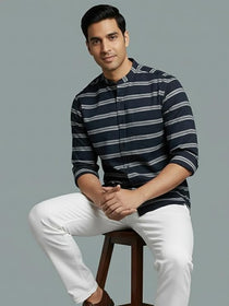 VORA LABEL Men Cotton Striped Spread Collar Short Kurta - White