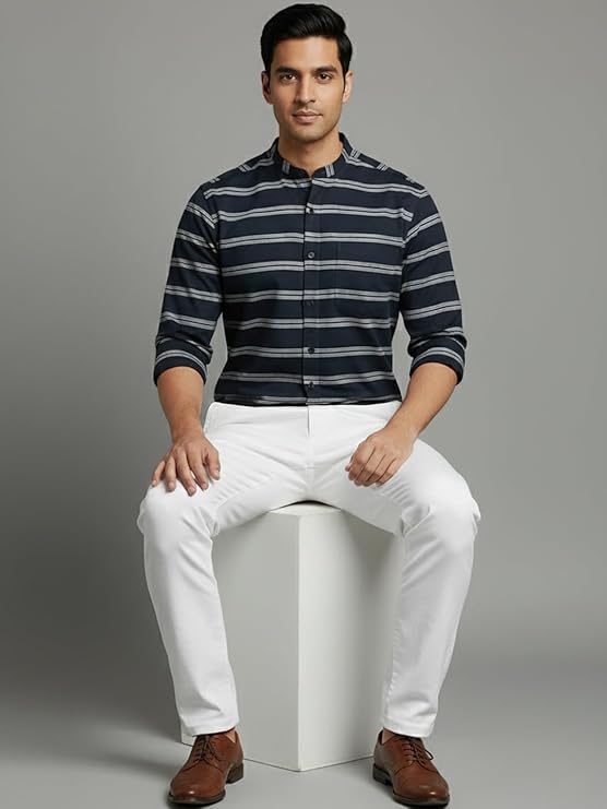 VORA LABEL Men Cotton Striped Spread Collar Short Kurta - White
