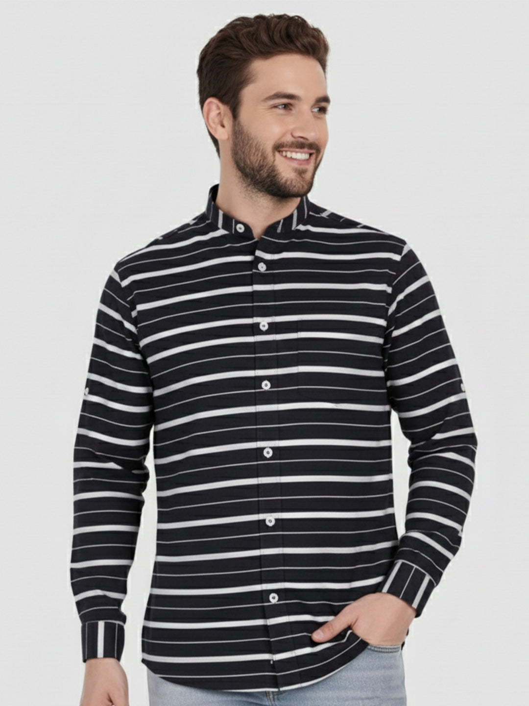 VORA LABEL Men Cotton Striped Spread Collar Short Kurta - Navy Blue