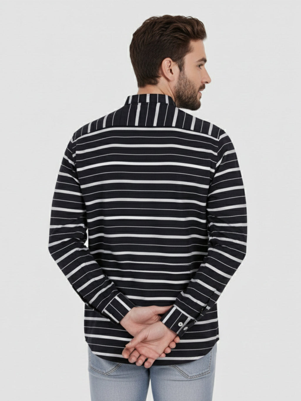VORA LABEL Men Cotton Striped Spread Collar Short Kurta - Navy Blue