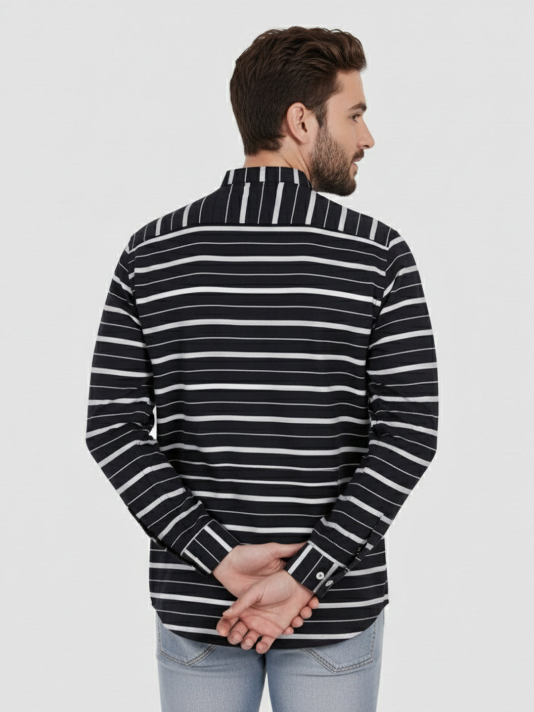 VORA LABEL Men Cotton Striped Spread Collar Short Kurta - Navy Blue