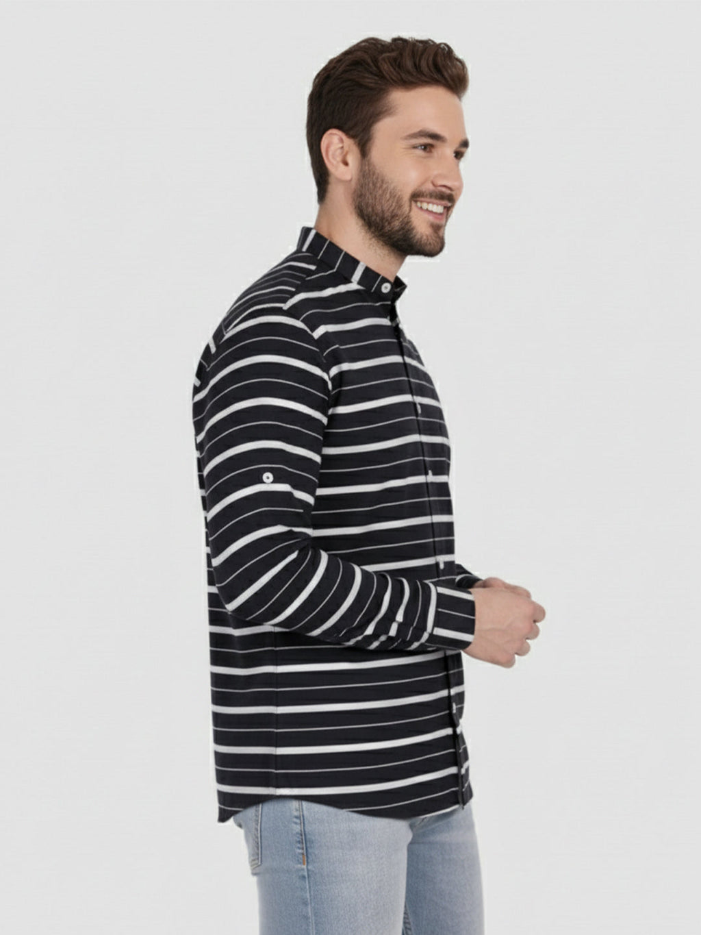 VORA LABEL Men Cotton Striped Spread Collar Short Kurta - Navy Blue