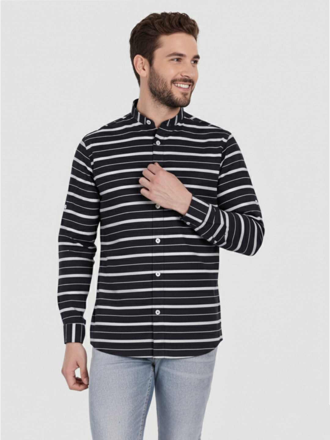 VORA LABEL Men Cotton Striped Spread Collar Short Kurta - Navy Blue