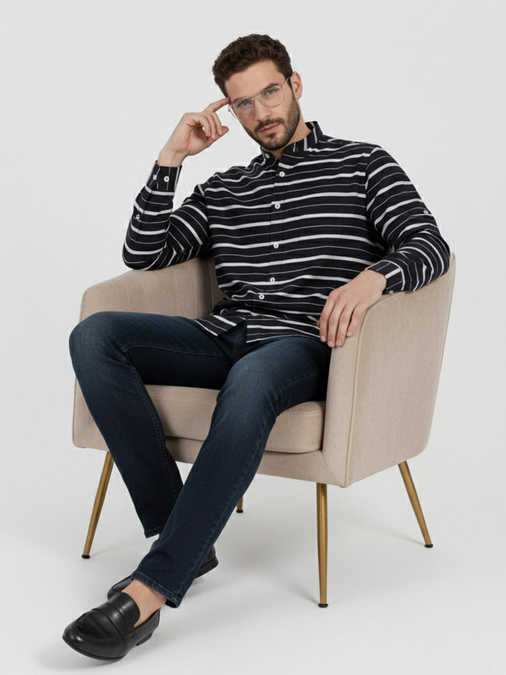 VORA LABEL Men Cotton Striped Spread Collar Short Kurta - Navy Blue