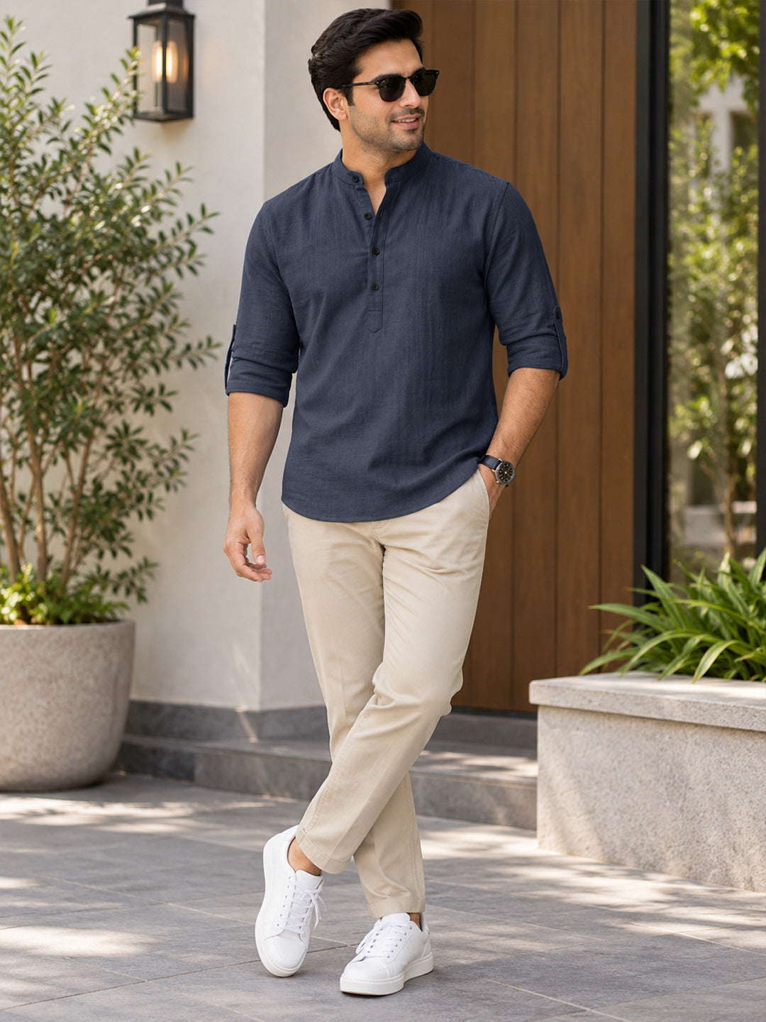 VORA LABEL Men’s Cotton Blend Solid Kurta | Mandarin Collar Full Sleeve Kurta | Casual & Festive Wear