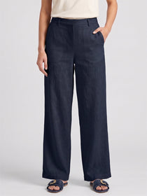 VORA LABEL Women Linen Solid Full Length Wide-Leg Trousers - Navy Blue