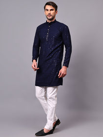 VORA LABEL Men Rayon Schiffli Chikankari Floral Printed Long Kurta Set - Pista
