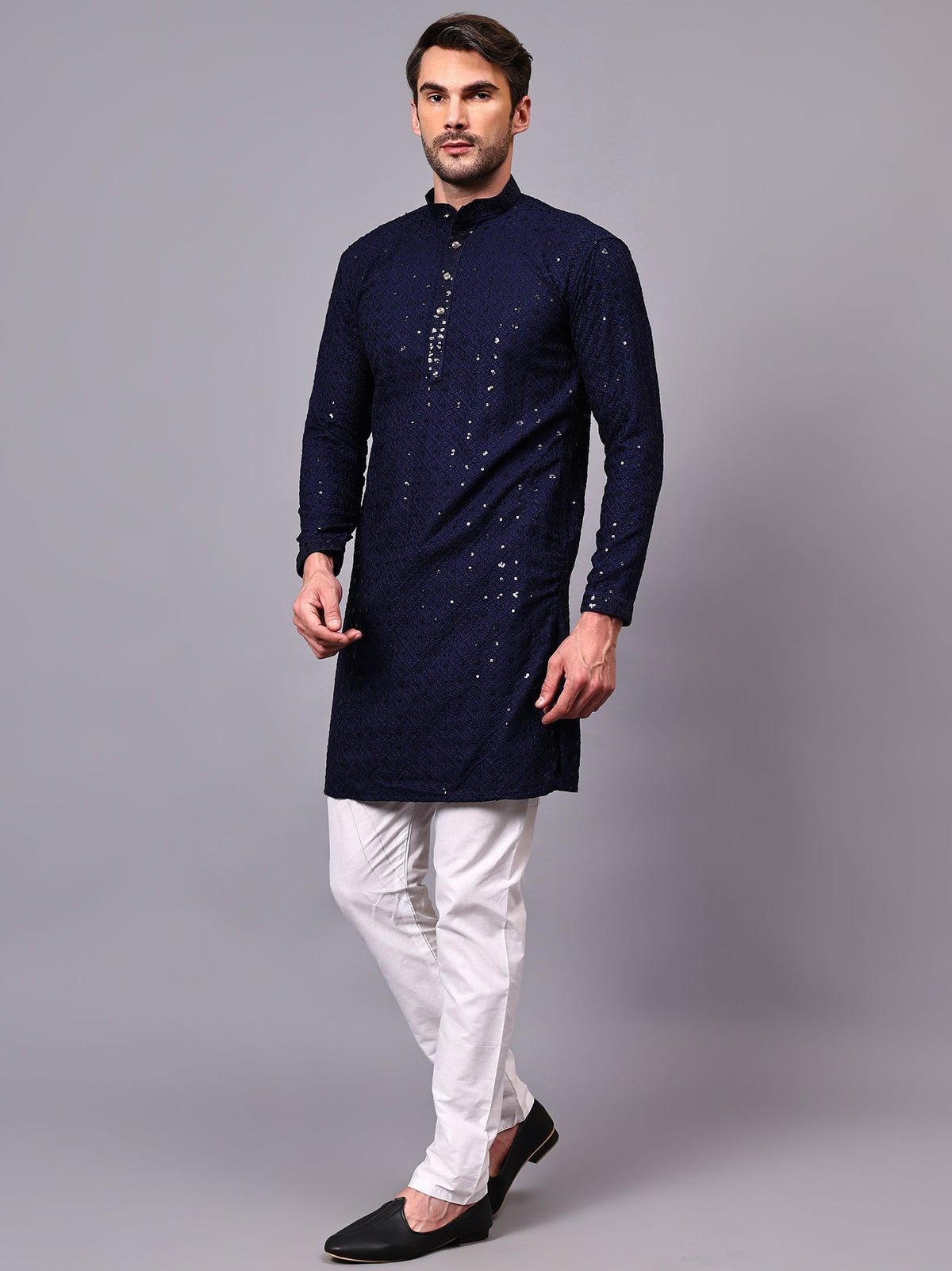 VORA LABEL Men Rayon Schiffli Chikankari Floral Printed Long Kurta Set - Pista