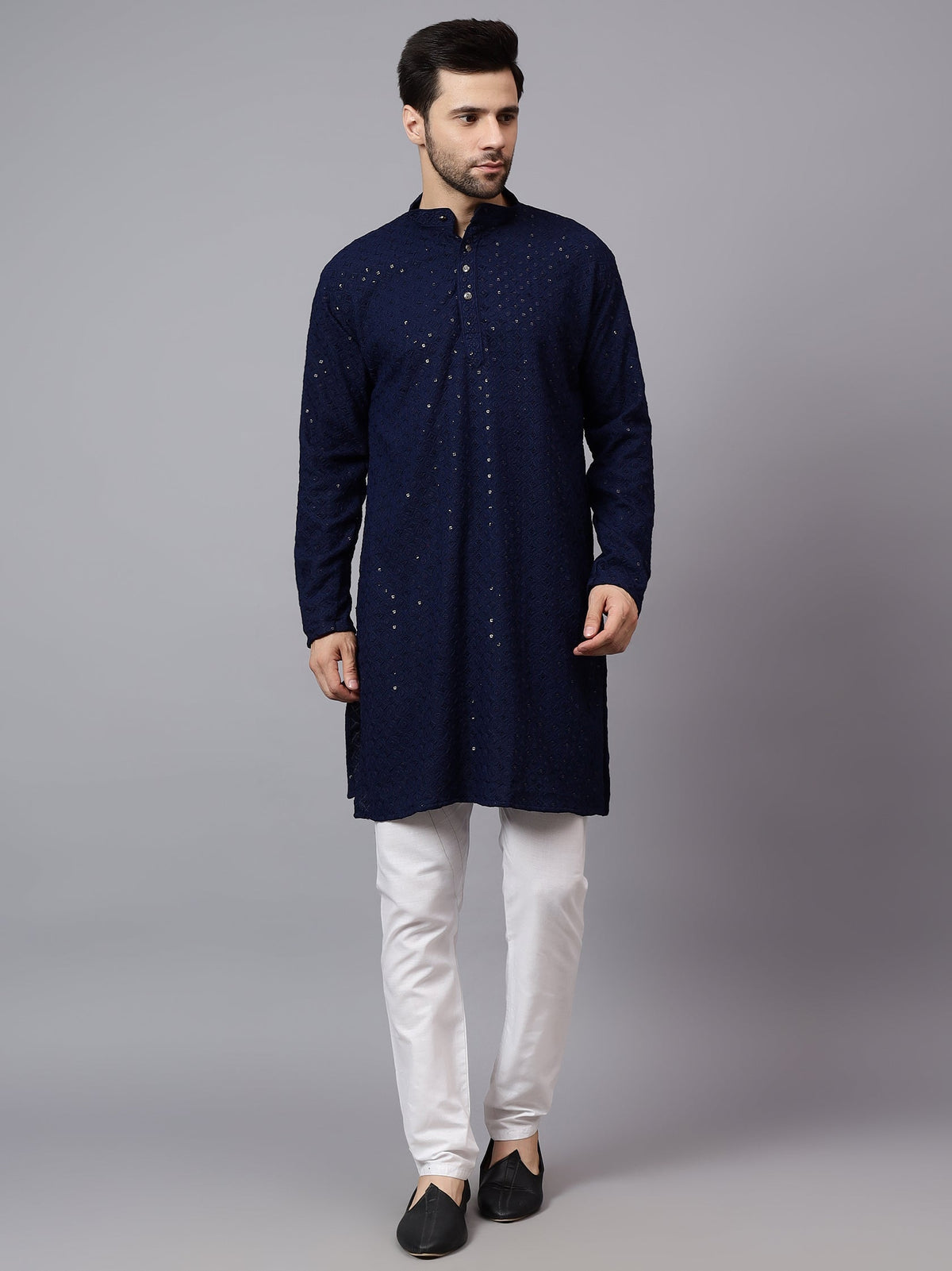 VORA LABEL Men Rayon Schiffli Chikankari Embroidered Long Kurta Set - Red