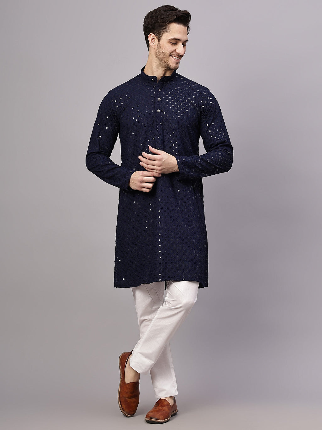 VORA LABEL Men Rayon Schiffli Chikankari Embroidered Long Kurta Set - Yellow