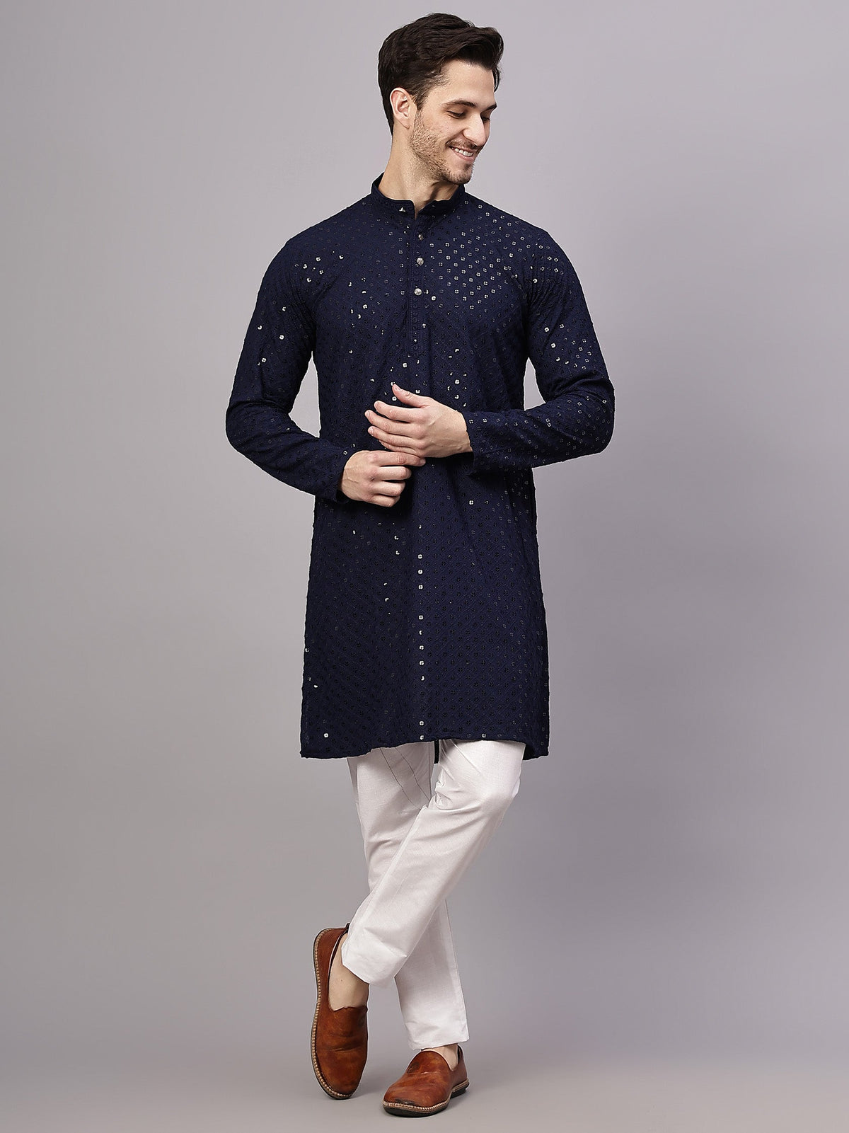 VORA LABEL Men Rayon Schiffli Chikankari Embroidered Long Kurta Set - Yellow