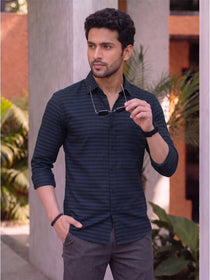 VORA LABEL Men Denim Striped Slim Fit Casual Shirt - Black