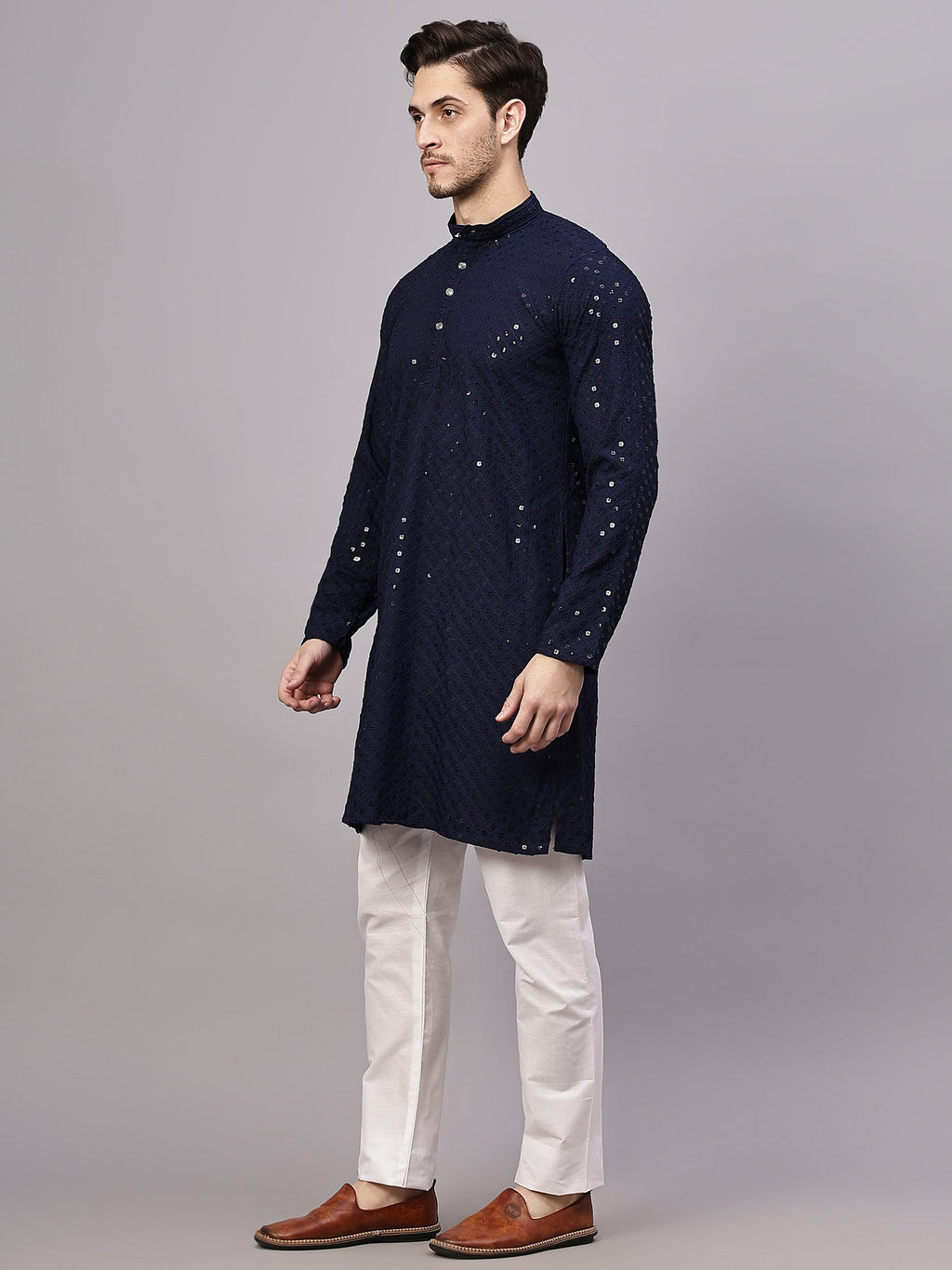 VORA LABEL Men Rayon Schiffli Chikankari Embroidered Long Kurta Set - Yellow