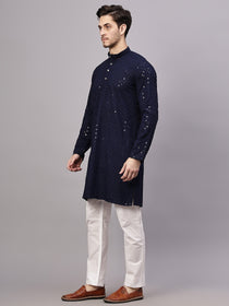 VORA LABEL Men Rayon Schiffli Chikankari Embroidered Long Kurta Set - Yellow