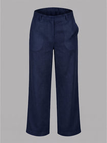 VORA LABEL Women Linen Solid Full Length Wide-Leg Trousers - Navy Blue