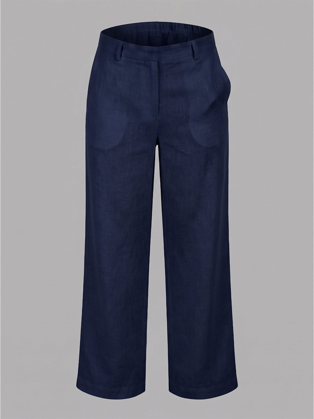 VORA LABEL Women Linen Solid Full Length Wide-Leg Trousers - Navy Blue