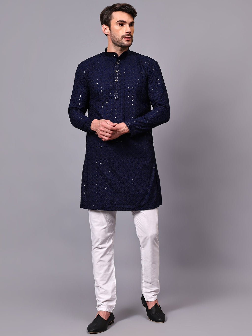VORA LABEL Men Rayon Schiffli Chikankari Floral Printed Long Kurta Set - Pista