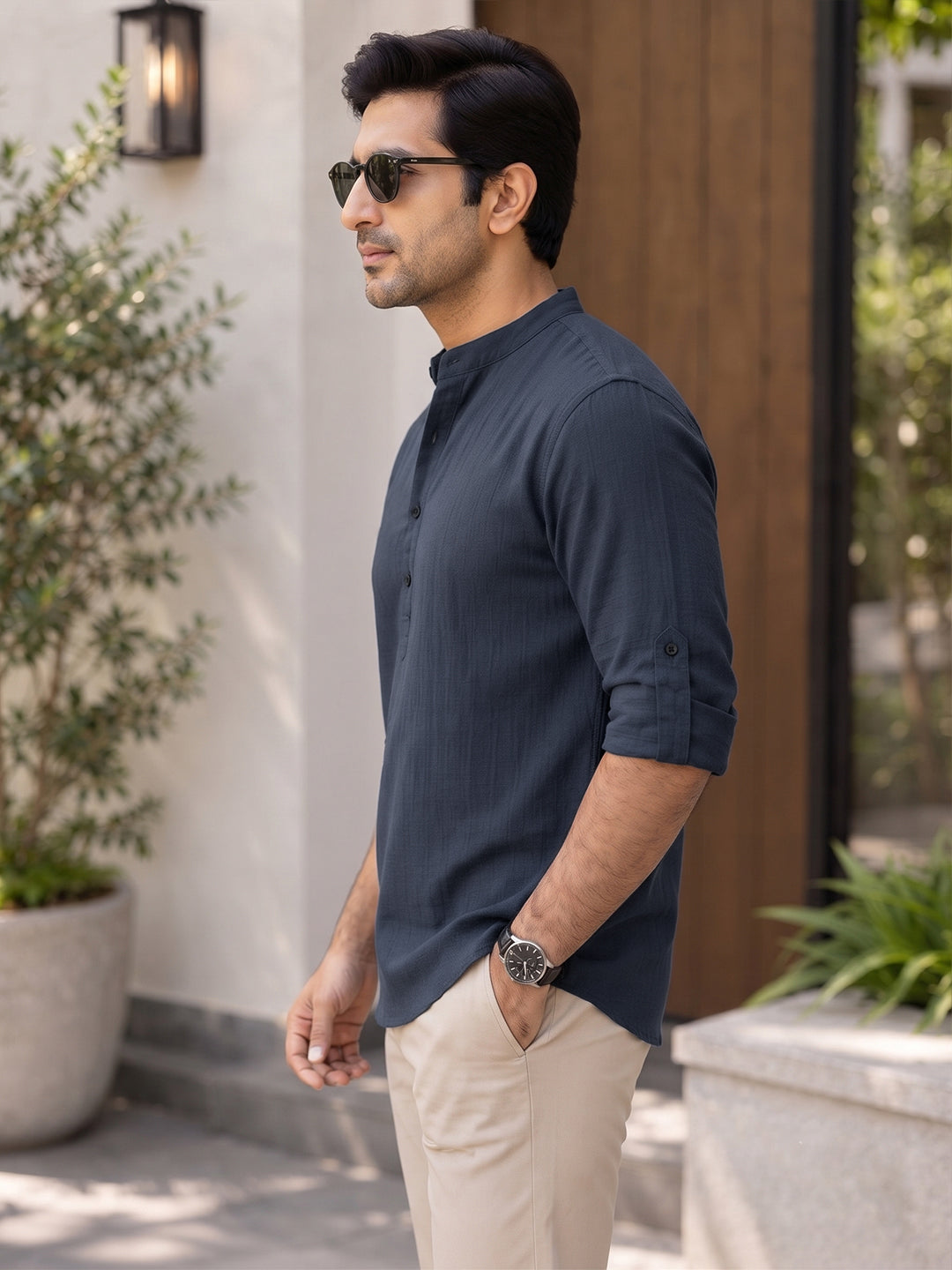 VORA LABEL Men’s Cotton Blend Solid Kurta | Mandarin Collar Full Sleeve Kurta | Casual & Festive Wear
