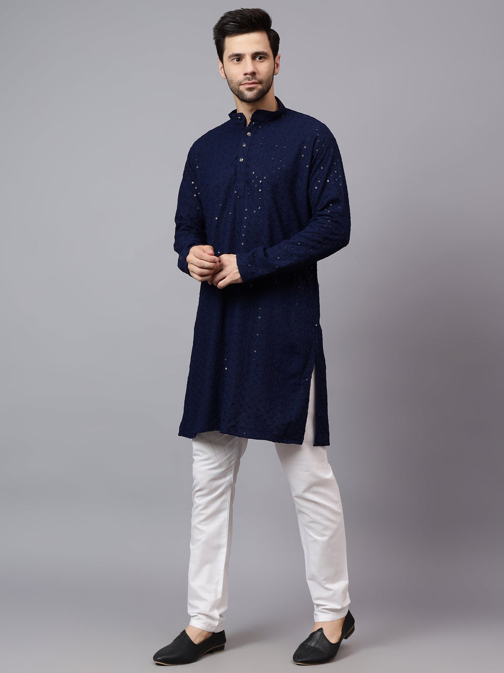 VORA LABEL Men Rayon Schiffli Chikankari Embroidered Long Kurta Set - Red