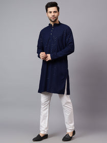 VORA LABEL Men Rayon Schiffli Chikankari Embroidered Long Kurta Set - Red