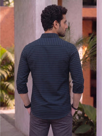 VORA LABEL Men Denim Striped Slim Fit Casual Shirt - Black