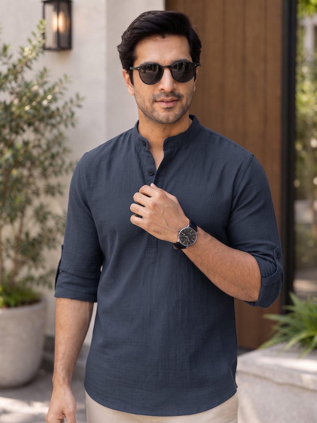 VORA LABEL Men’s Cotton Blend Solid Kurta | Mandarin Collar Full Sleeve Kurta | Casual & Festive Wear