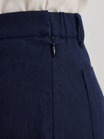 VORA LABEL Women Linen Solid Full Length Wide-Leg Trousers - Navy Blue