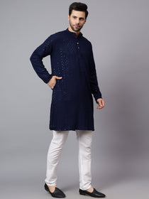 VORA LABEL Men Rayon Schiffli Chikankari Embroidered Long Kurta Set - Red