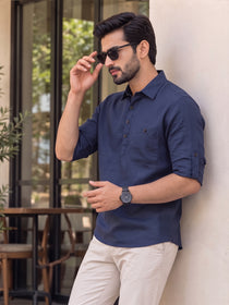 VORA LABEL Men’s Cotton Blend Solid Kurta | Mandarin Collar Full Sleeve Kurta with Pocket | Casual & Festive Wear