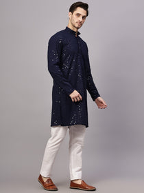 VORA LABEL Men Rayon Schiffli Chikankari Embroidered Long Kurta Set - Yellow